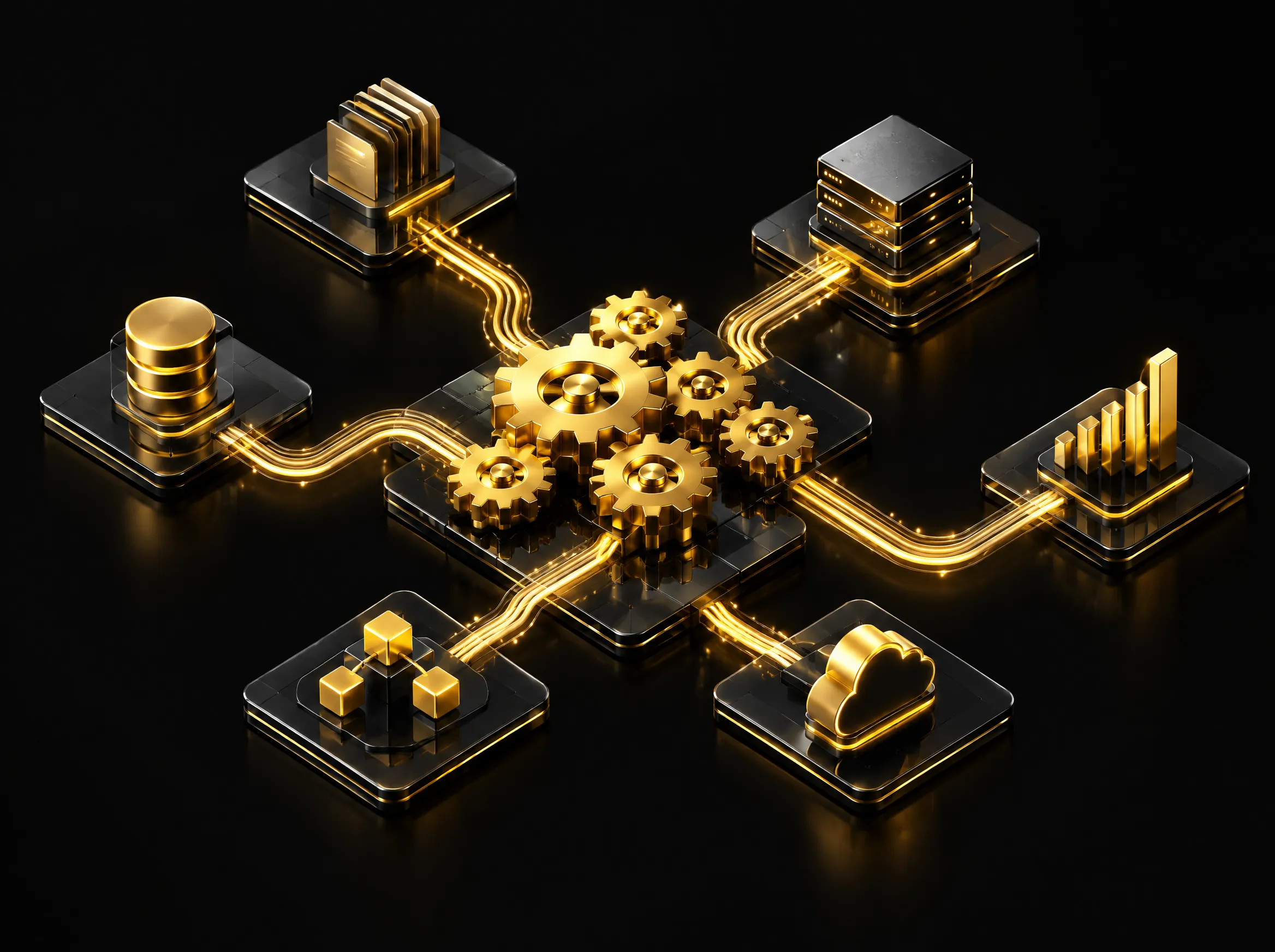 Engranajes y flujos conectados en negro y dorado